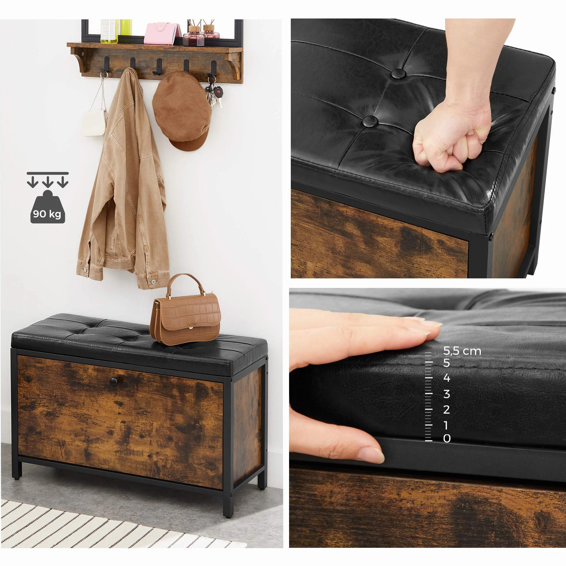 VASAGLE Banco Zapatero, Banco tapizado para Zapatos, con cajón, 2 Filas para 6 Pares de Zapatos, Estructura de Acero, Industrial, Marrón Rústico y Negro LSB049B01