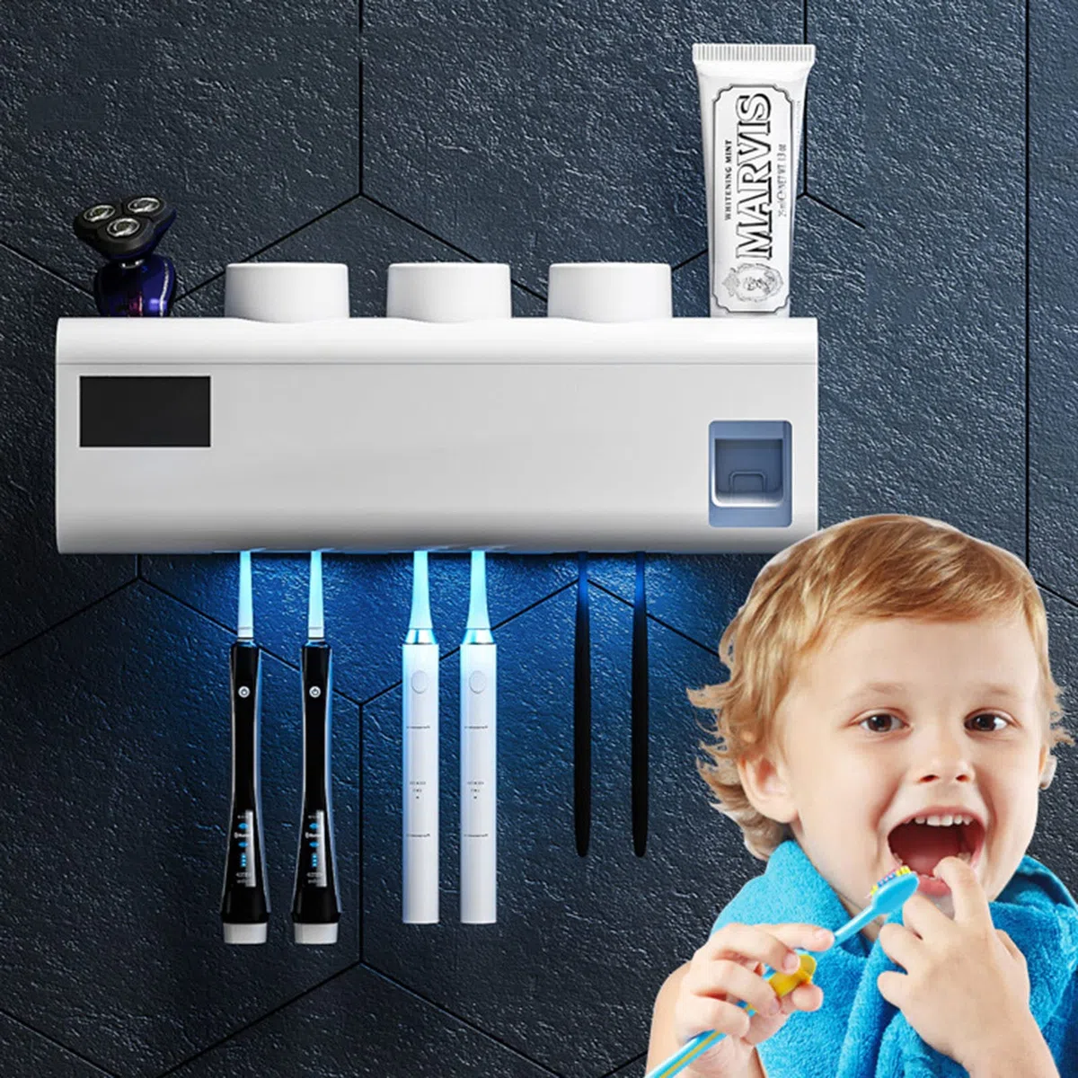 Desinfectante UV para cepillo de dientes – Soporte recargable montado en la pared para 6 cepillos de dientes y 3 tazas, función esterilizador para viajes y uso doméstico por