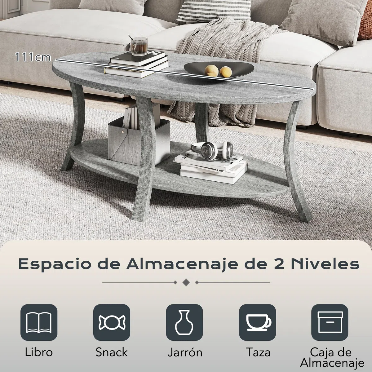 GOPLUS Mesa de Café Ovalada, Mesa Decorativa de Madera de Caucho con Estante de Almacenamiento Abierto, Mesa de Centro de 2 Niveles con Patas de Soporte Robustas para Sala de Estar Estudio (Gris)