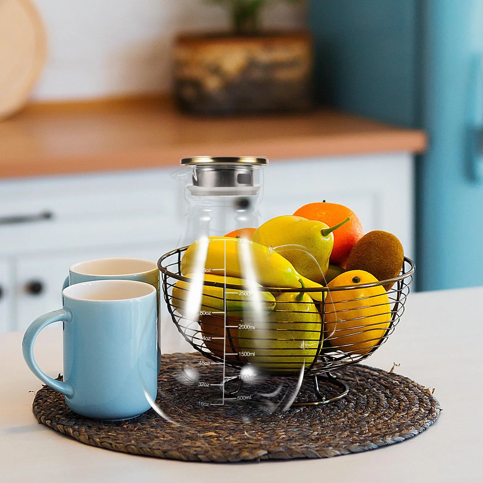 Jarra de Vidrio Borosilicato de 1300ml con Tapa de Acero Inoxidable y Silicona, Diseño Elegante y Antideslizante para Jugos y Leche en Fiestas o Restaurantes