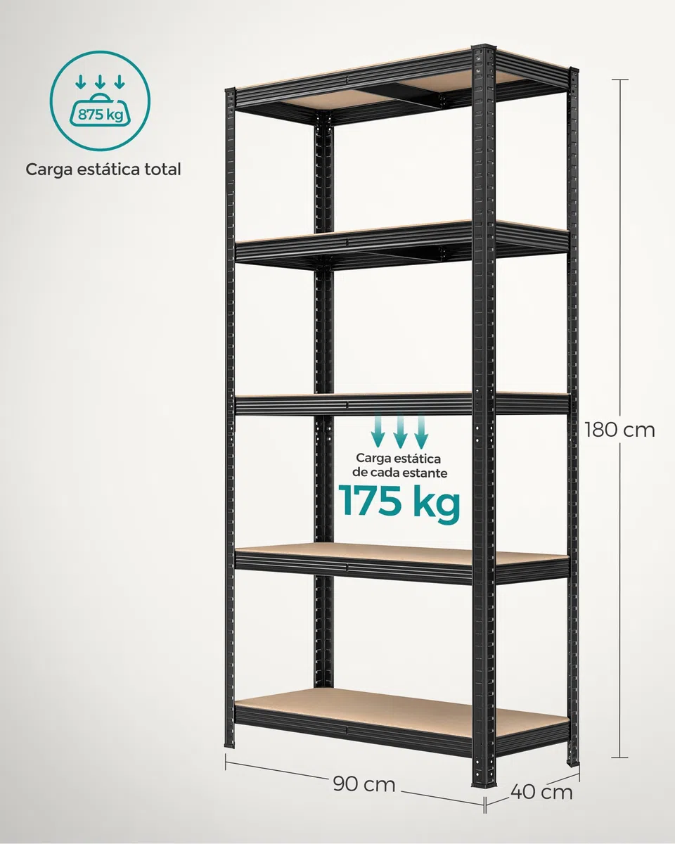 SONGMICS Estantería Pesada de 5 Niveles, Estantería de Acero, Montaje Rápido, Garaje, Almacén, Trastero, Carga de 875 kg, 40 x 270 x 180 cm, Negro GLR040B03