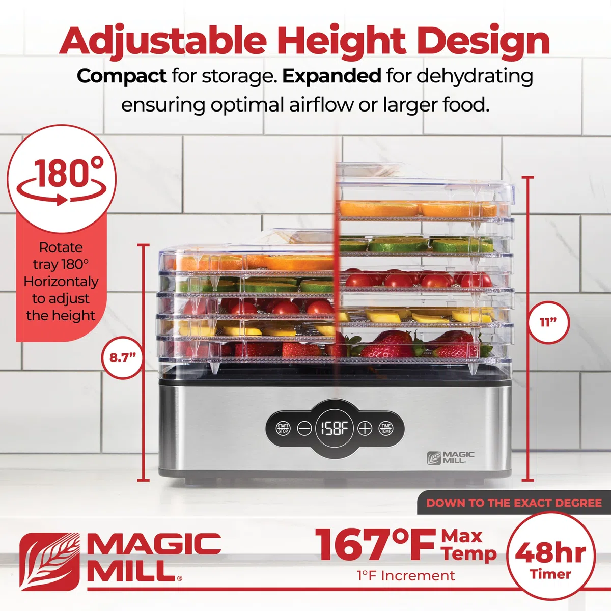 Molino Mágico| Máquina deshidratadora de alimentos | Secador Jerky de 5 bandejas apilables de acero inoxidable con temporizador digital ajustable y control de temperatura