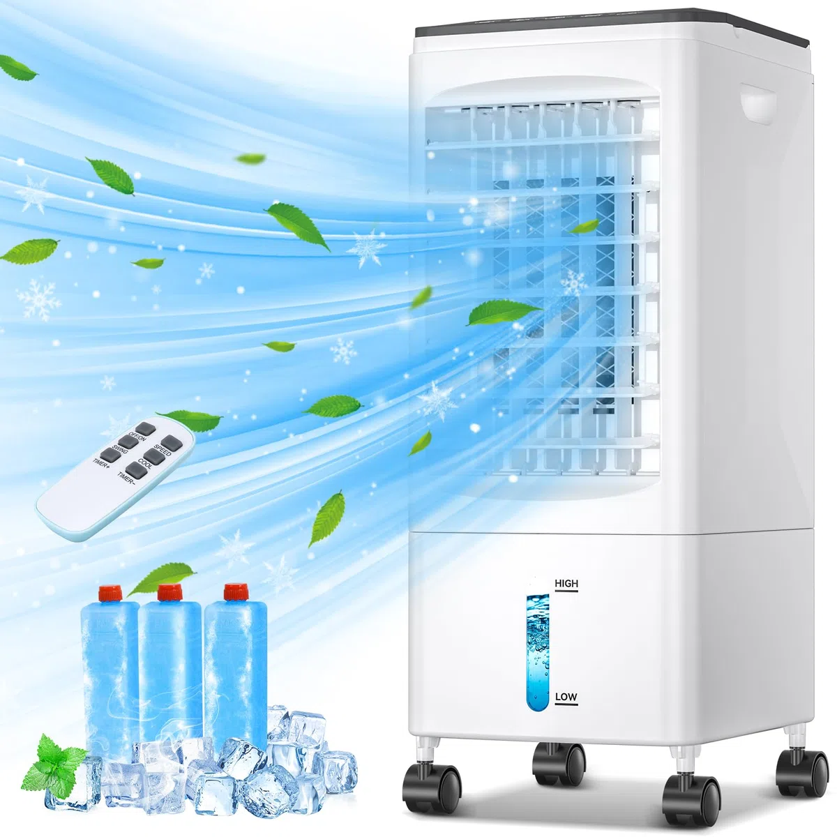 Enfriador de Aire 4 en 1 Grande, Aire Acondicionado Móvil portátil, Climatizador Evaporativo Silencioso con 5.5 L Tanque,Temporizador 1-7 H, 2 Modos 3 Velocidades, Ruedas, Control Remoto, Oscilación