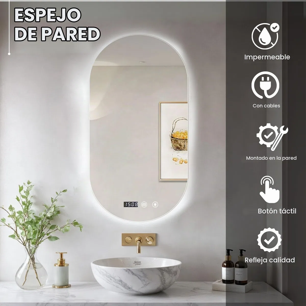 MAGIC SELECT Espejo de Baño con Luz Ovalado de Pared 60x90cm | Con Enchufe, 3 Tonos de Color, Ajuste de Brillo y Antivaho, Indicador de Hora y Temperatura, Vertical