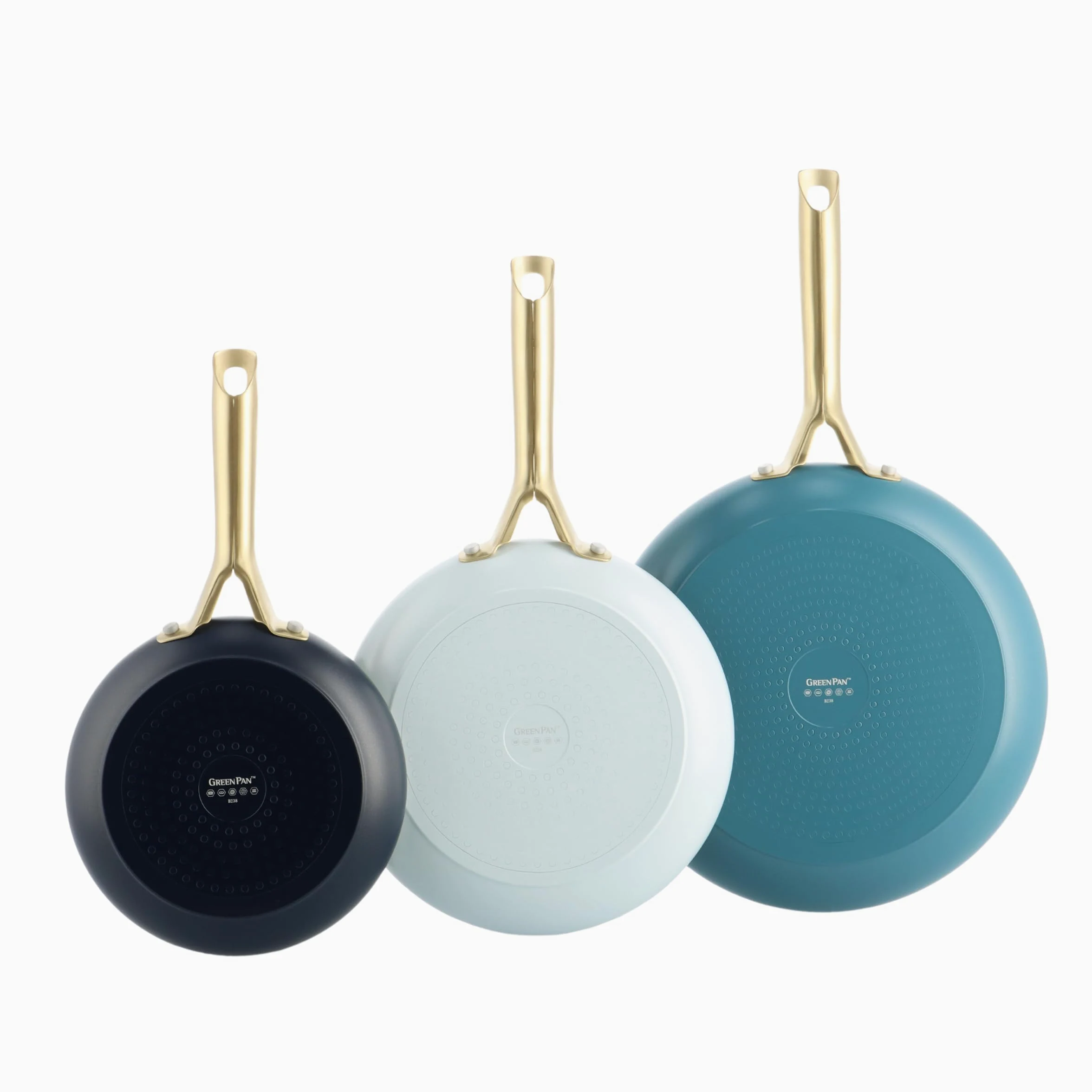 GreenPan Shades Juego de sartenes cerámicas antiadherentes de 3 piezas, Ø 20/24/28 cm, libre de PFAS, apto para inducción, mango de acero inoxidable dorado, apto para lavavajillas y horno, Coastal