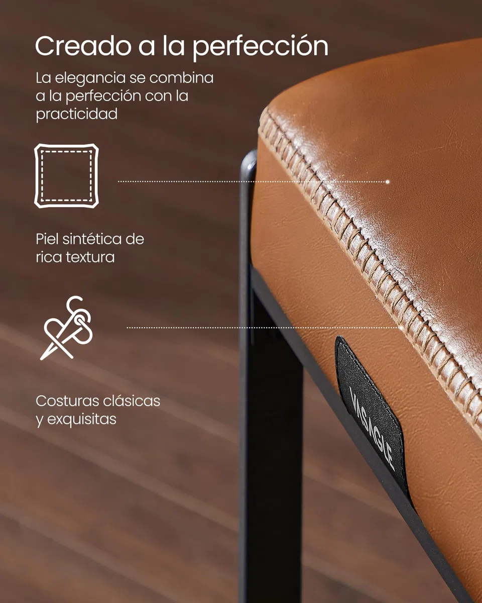 VASAGLE EKHO Colección - Juego de 2 Taburetes de Bar, Taburetes de Cocina, Cuero Sintético con Costuras, Moderno Siglo Medio, 66 cm de Alto, Bar Casa, Comedor, Fácil montaje, Marrón Caramelo LBC086K01