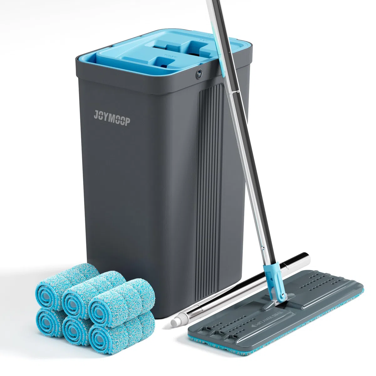 JOYMOOP Juego de fregona y Cubo con escurridor, fregonas para Limpieza de Suelos, Limpiador de fregona de Pared con Mango Largo, con 6 Almohadillas de Microfibra Reutilizables, Gris y Azul Cian