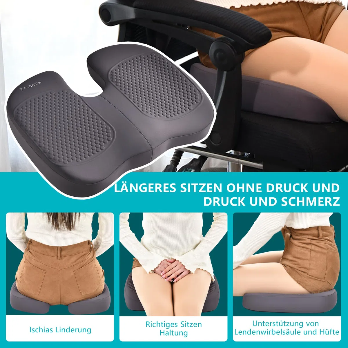 FLORICH Cojín para Asiento de Coche, Cojín Lumbar para Reposacabezas de Coche con Espuma Viscoelástica de Gel Cojín Ergonomisches Sitzkissen für Bürostuhl y Asiento de Coche, Tipo3-Gris