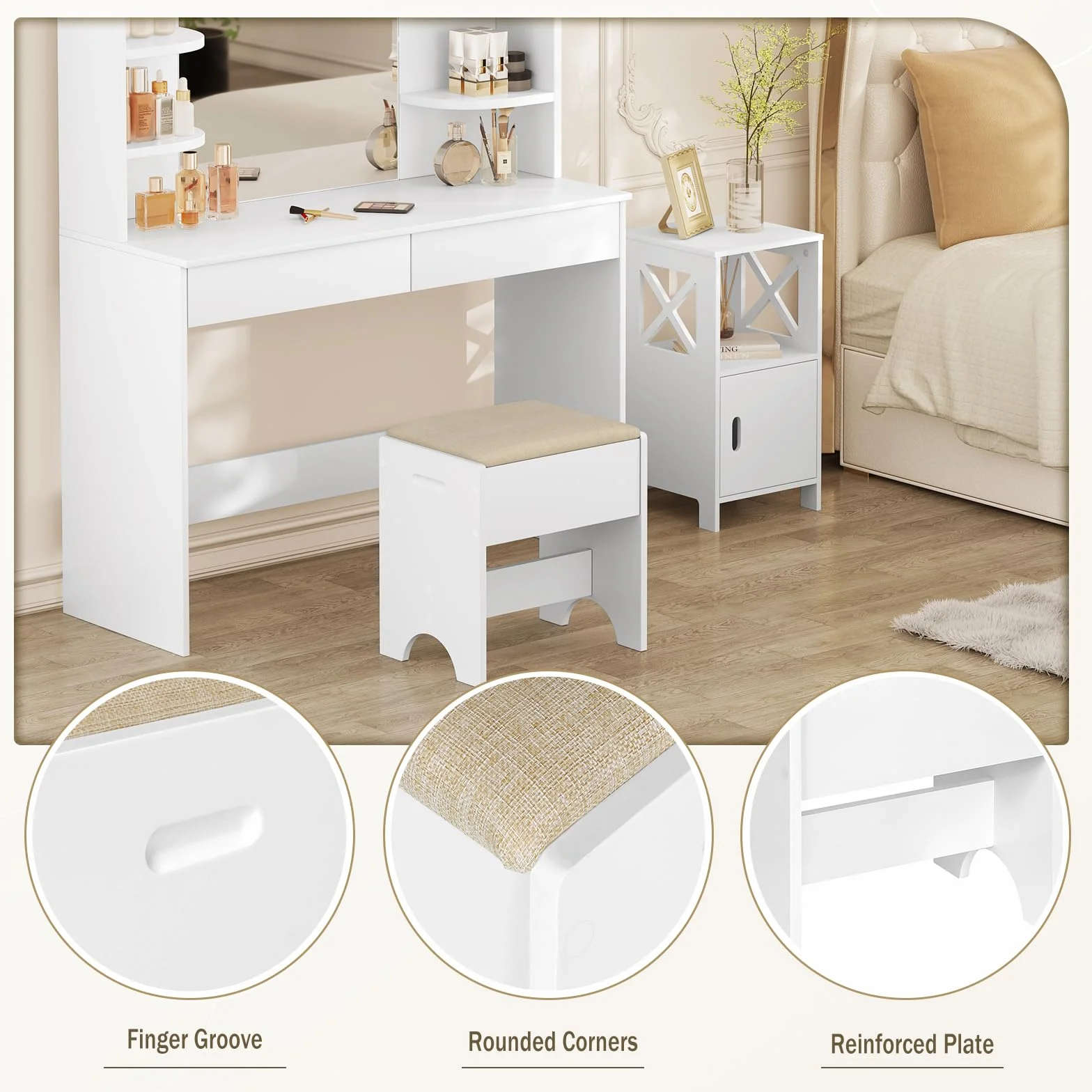 WOLTU Taburete Tocador, Taburete Maquillaje para Dormitorio, Silla Tocador con Asiento Tapizado en Lino Transpirable, Estructura MDF E1, 40x30x45cm, Beige+Blanco, MB6098be