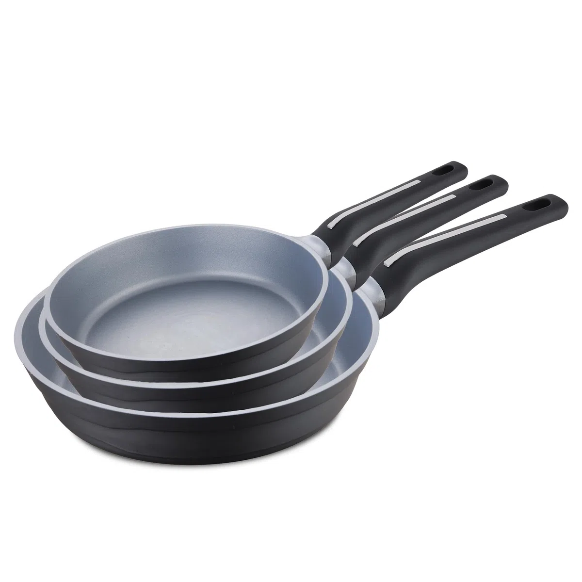 San Ignacio Bistro Grey - Juego de 3 Sartenes Antiadherentes Mango Soft - Fabricadas en Aluminio Fundido - Aptas Todo Tipo de Cocinas - Tecnología de Rápido Calentado