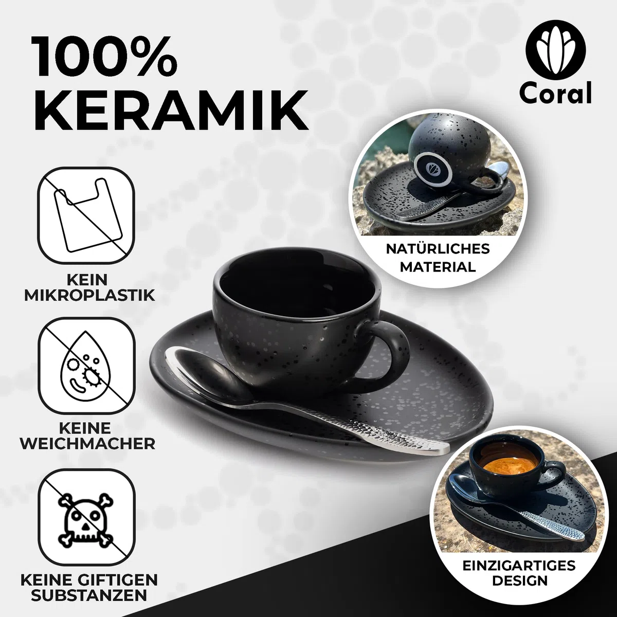 Coral - 4 tazas de espresso de 90 ml con asa, platillos y cucharas (juego) de cerámica negra - 4 tazas de café con platillo de pared gruesa - tazas de café (90 ml)