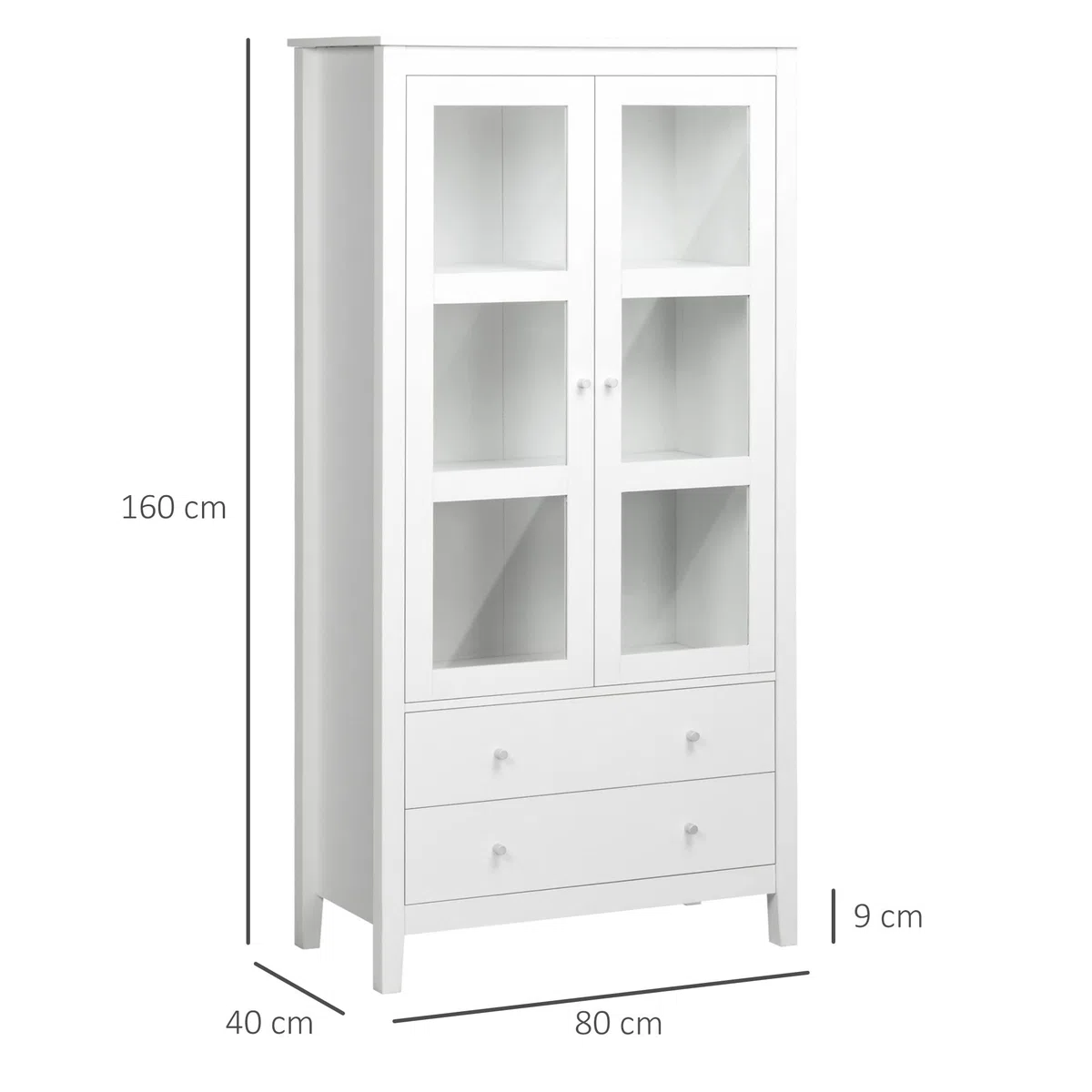 HOMCOM Vitrina de Salón Aparador de Cocina 2 Puertas 80x40x160 cm Blanco | Vidrio Templado, 3 Estantes, 2 Cajones, Bisagras de Cierre Suave, para Comedor Oficina