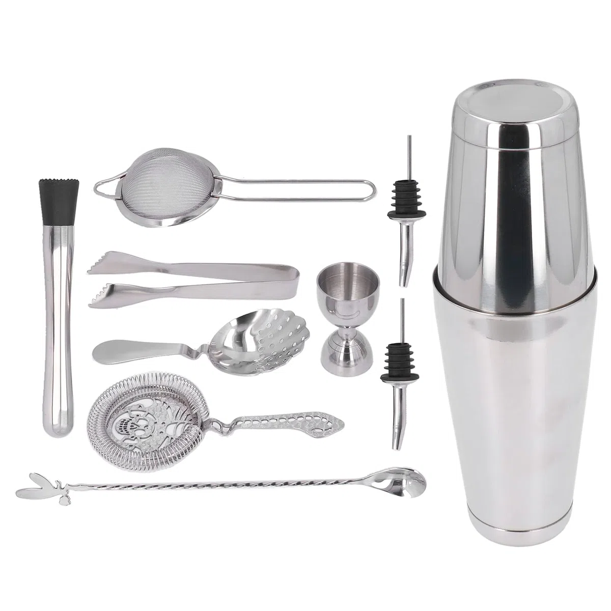 Juego de Coctelera de 11 Piezas, Kit Barra Acero Inoxidable con Herramientas Mezcladoras, Coctelera, Martillo Hielo, Colador, Cuchara para Fiesta Coctelería en Casa (Plata)