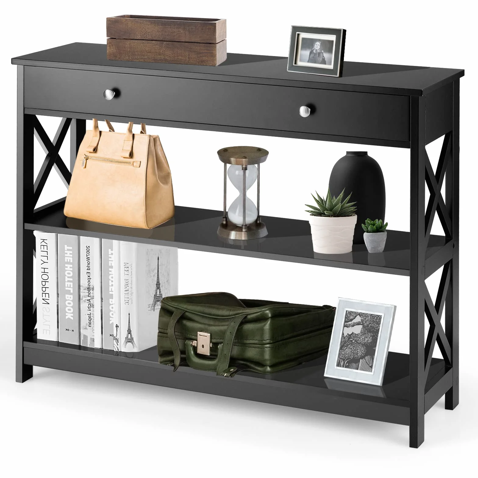 GIANTEX Mesa de Consola de 3 Niveles con Cajón y 2 Estantes Abiertos, Mesa de Entrada con Kit Antivuelco, 100 x 30 x 80 cm, Estantería de Almacenamiento para Salón, Pasillo (Negro)