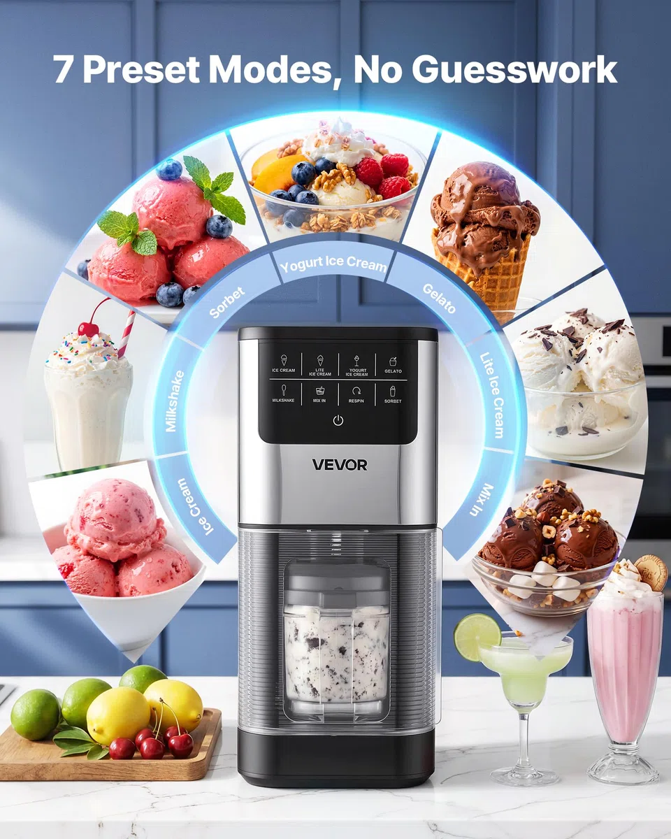 VEVOR Máquina para Hacer Helados 800 W, Heladera Casera con 7 Modos Preestablecidos, 2 Vasos de 0,5 L, Función de Mezcla con Un Solo Toque, para Preparar Gelato, Sorbete, Batido, Yogur Helado
