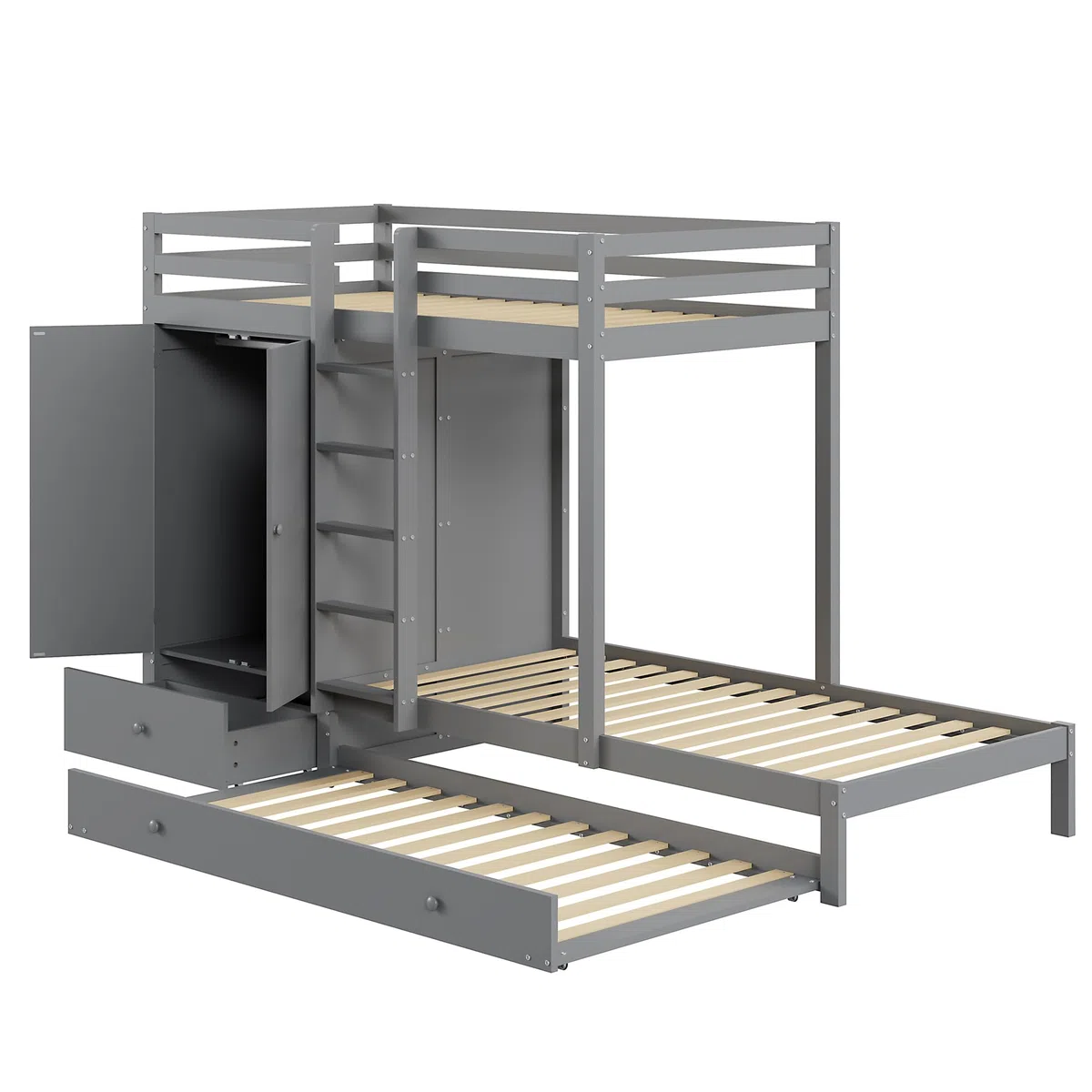 Azkoeesy Litera para 3 Personas, 90x200 + 90x190 cm, con Cama Nido, Armario Empotrado y estanterías, cajón, somier, barandilla, Cama Triple, para Adolescente y Adulto, Color Gris
