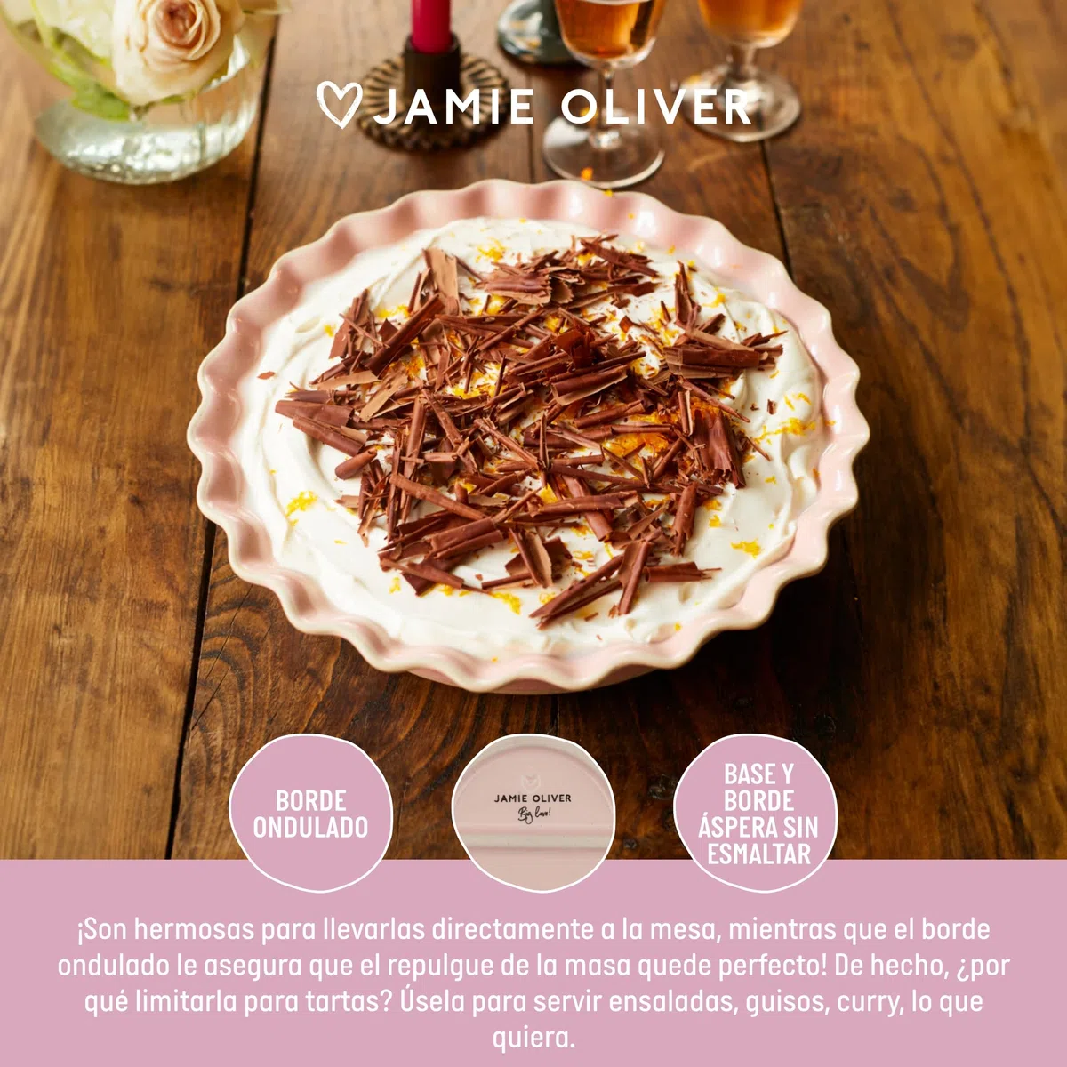 Jamie Oliver Big Love Proper - Plato para tarta, rosa, redondo, de gres moteado con bordes festoneados para repostería, horno a mesa, lavavajillas, microondas, apto para lavavajillas, 28 x 6 cm