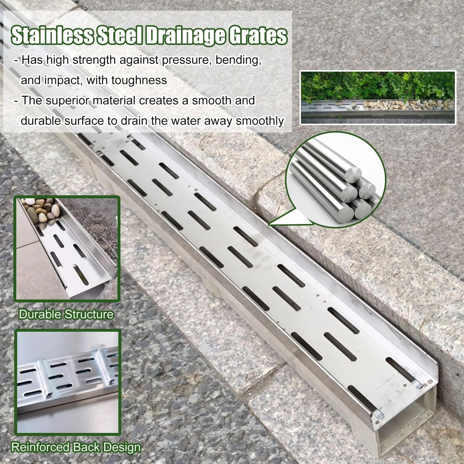 Rejilla de Drenaje para Zanja, Drenaje Exterior de 1 Metro con Rejilla metálica - Sumidero en Forma de U para entradas de vehículos de hormigón, macizos de Flores, guijarros y Piedras, Kit d