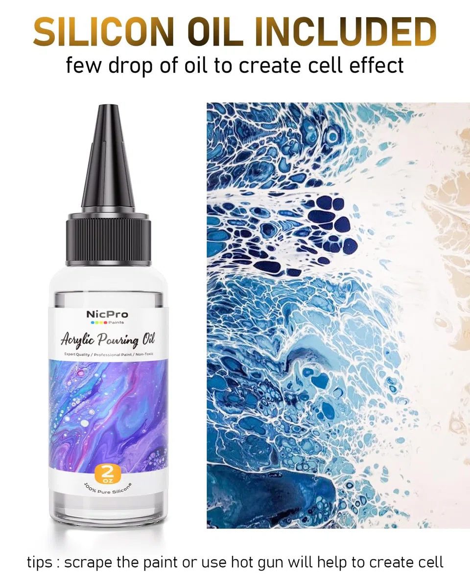 Nicpro Juego de pintura acrílica metálica grande de 8 colores (33.8 onzas, 1000 ml), kit de proveedor de pintura premezclada de alto flujo con aceite de silicona para verter guantes, manteles para
