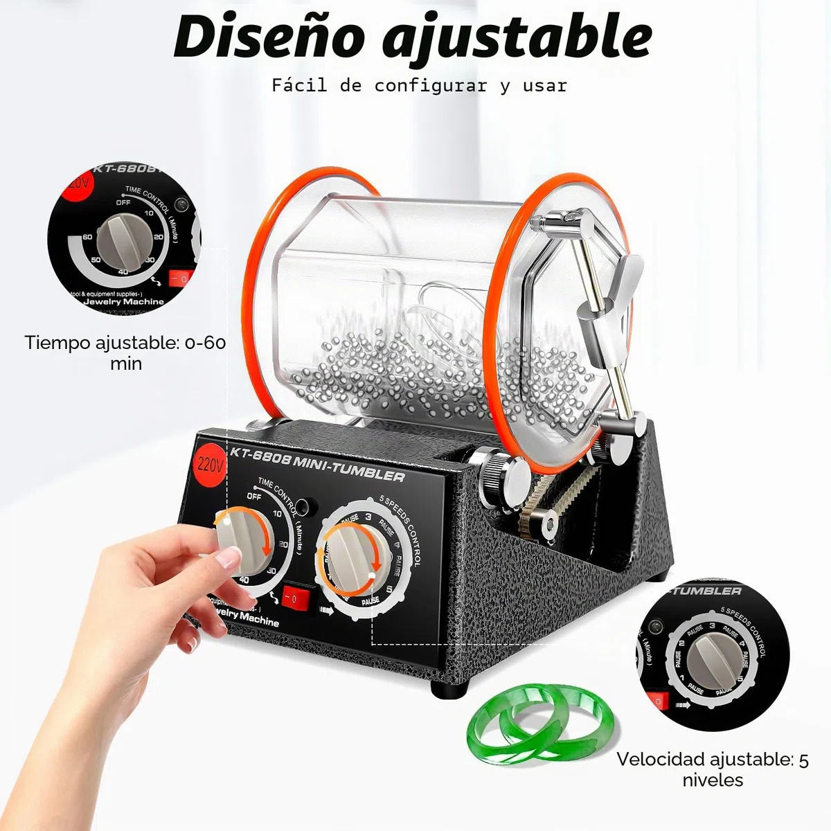 Pulidora de 3 kg 220 V, tambor de pulido, molinillo de bolas con motor de 60 W y temporizador, 5 niveles de regulación de velocidad (500 – 3000 rpm), barril transparente para joyas, monedas, piezas
