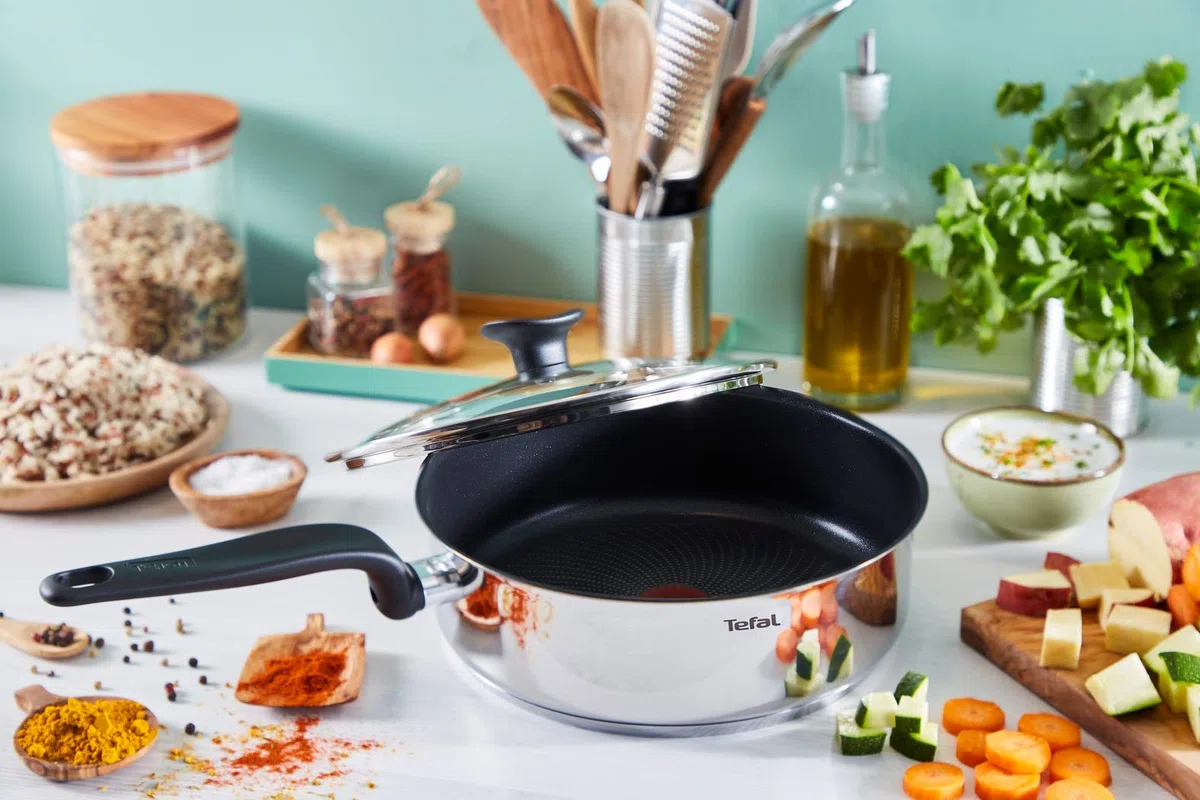 Tefal Primary - Sartén de 24 cm con tapa de cristal, acero inoxidable de primera calidad, revestimiento antiadherente sano, inducción E3093204