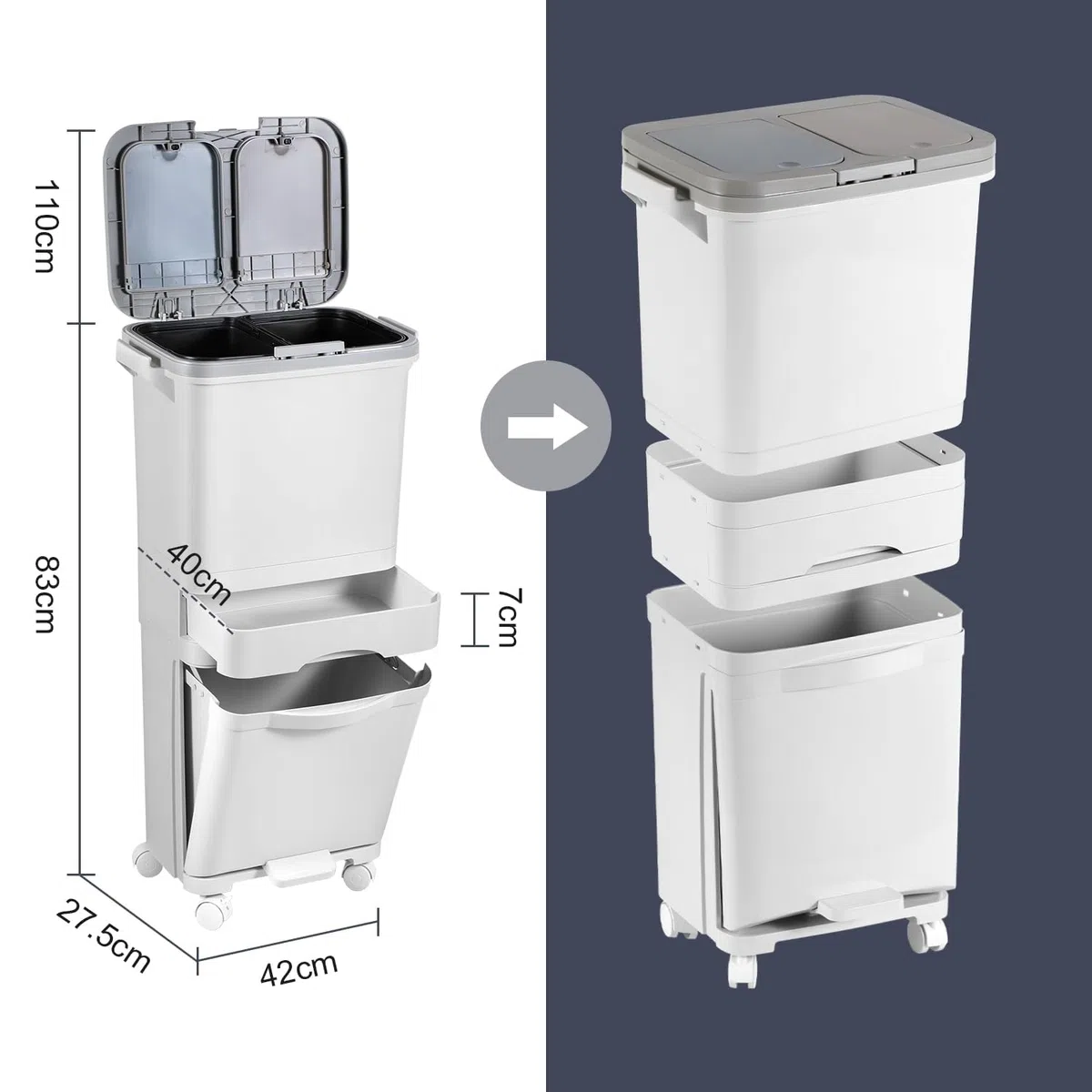 Cubo de basura de cocina con 3 compartimentos, 42 L, para cocina en seco y húmedo, con tapa, con tapa sobre ruedas, para cocina, apartamento, oficina, color blanco