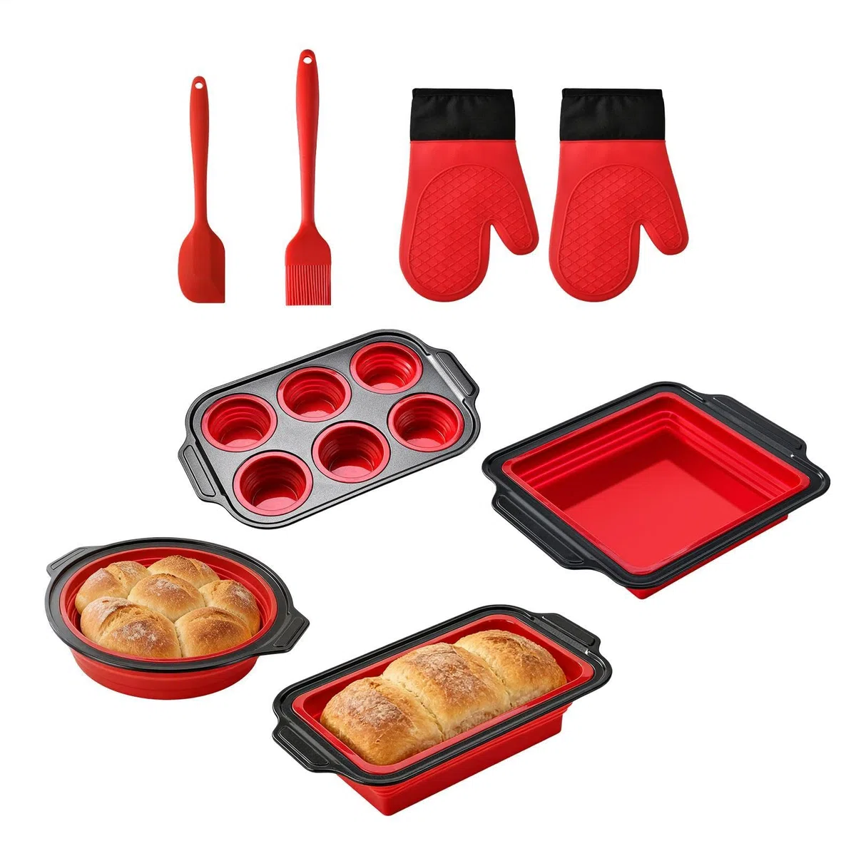 Juegos en silicona para hornear Bandeja Apilable | Incluye Guante, Espátula y Cepillo para Magdalenas Pan Galletas Muffins Huevos Donuts Tostador Horno Apartamento