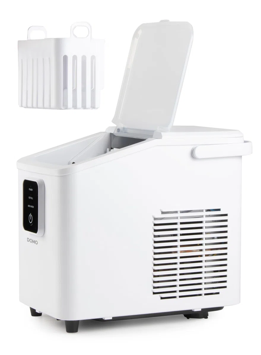 DOMO DO9292IB - Máquina para hacer cubitos de hielo con pala de hielo – 0,8 l – 9 cubitos de hielo en 8 minutos – 12 kg en 24 horas – Pequeña máquina de hielo portátil con mango – Blanco