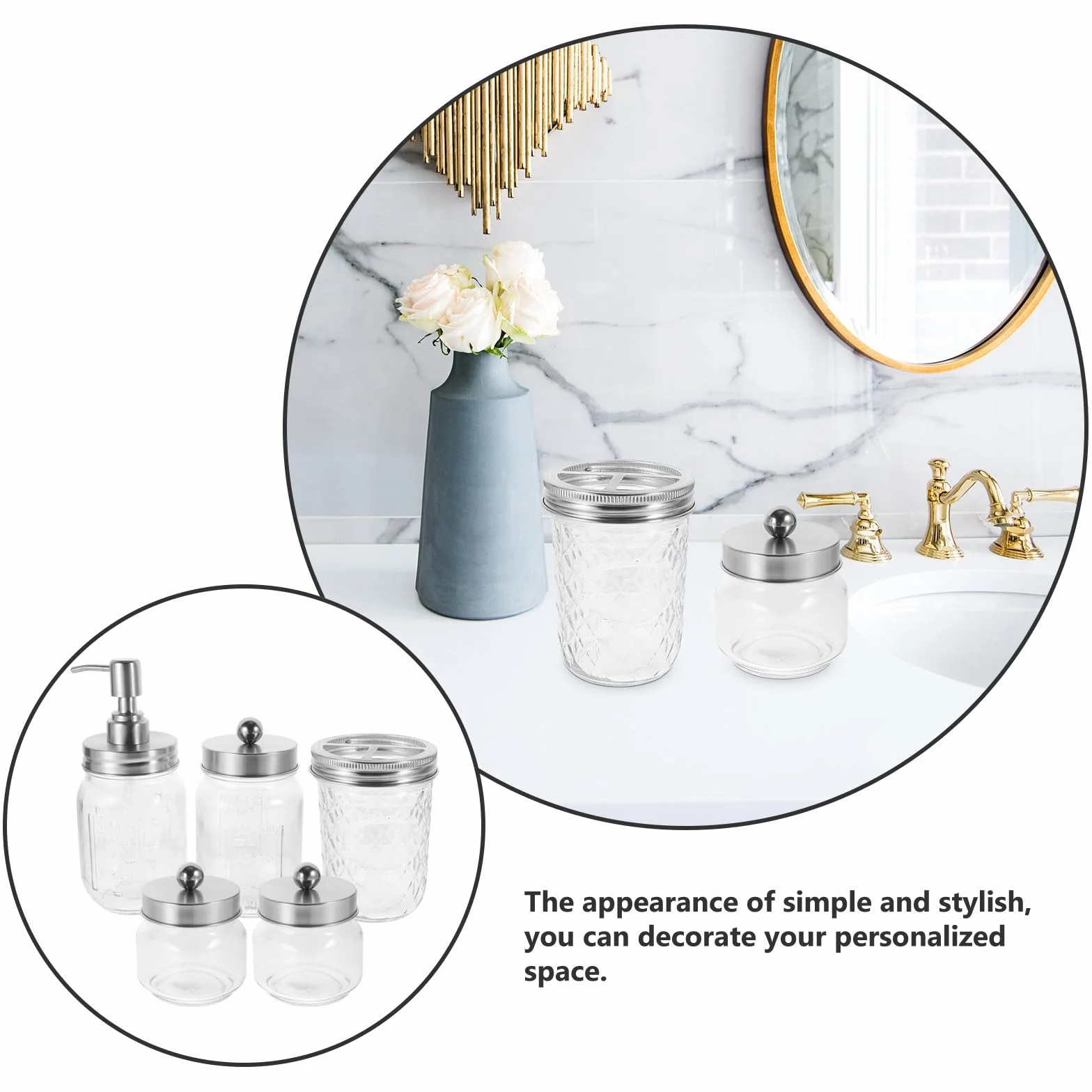 Juego de Accesorios para Baño Porta Cepillos Diseño Clásico y Funcional Dispensador de Jabón Espumoso Tarros de Vidrio para Organizar el Cuarto de Baño
