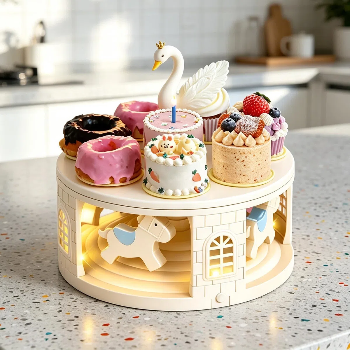Expositor De Tartas Giratorio con Música y Luces, Bandeja de Servir con 8 | Soporte para Tartas, Suministros Fiesteros Para Alimentos, Galletas, Donuts, Dulces, Hogar, Cumpleaños, Bodas, Na