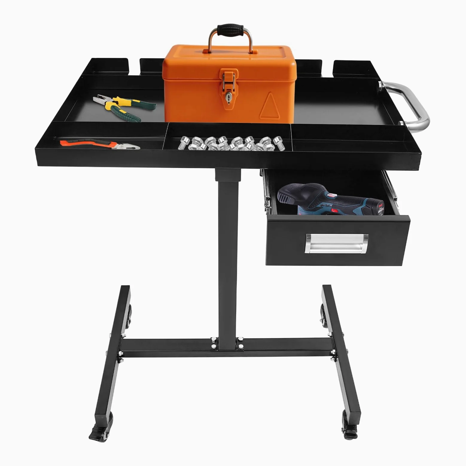 Carro de herramientas con cajón | Mesa de trabajo móvil para garaje y taller | Construcción de acero, 4 ruedas de freno, capacidad de carga de 100 kg y bandeja organizativa (negro)