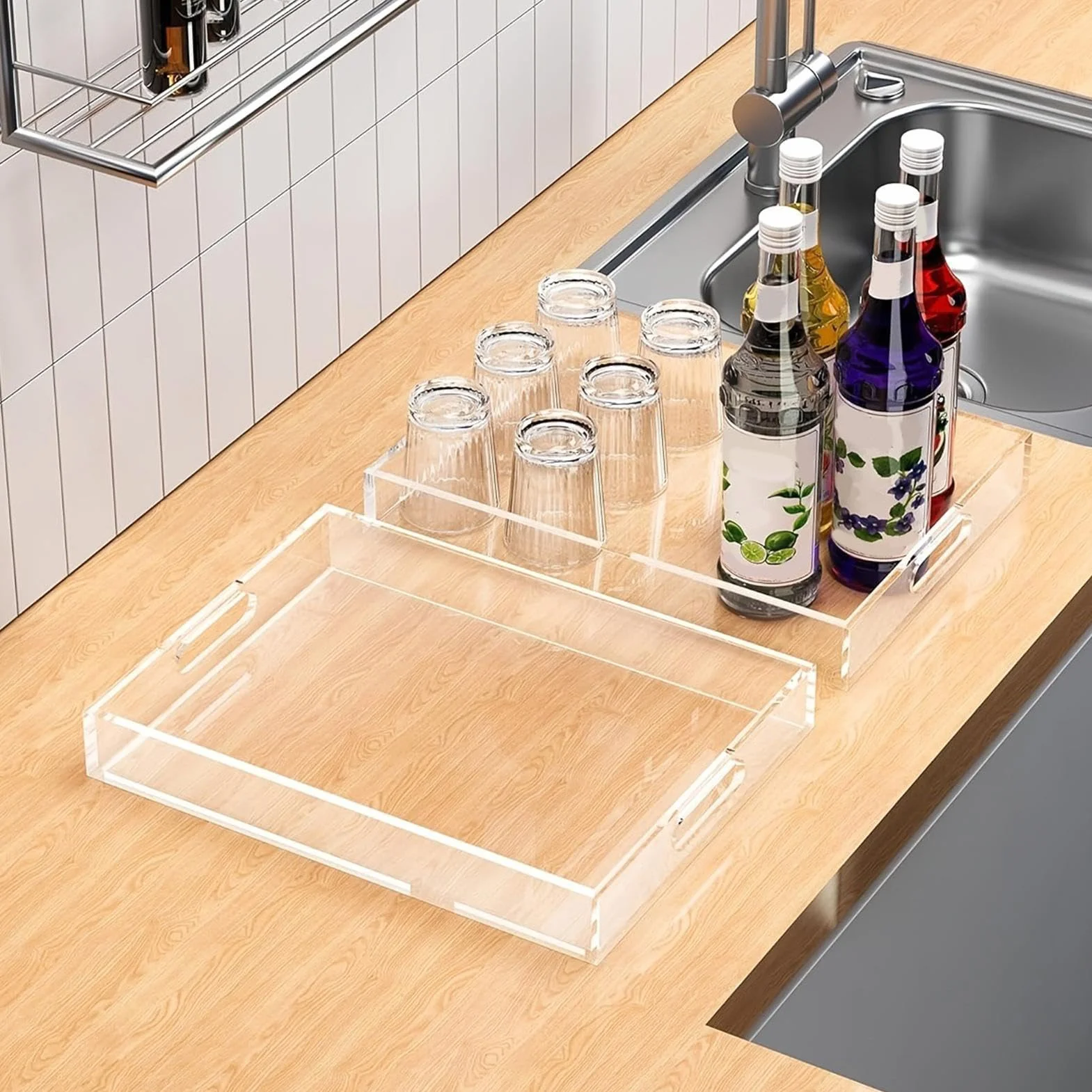 Bandeja Acrílica 2 Piezas con Asas Decorativas | Bandeja rectangular portátil para snacks y alimentos para Snacks, Cafetería, Comedor, Postres, Mesas de Centro y