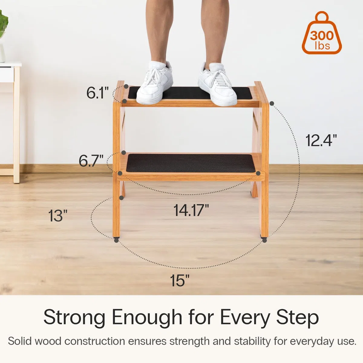 StrongTek Taburete 2 Escalones Ajustables de Madera | Escalera resistente de madera con 2 peldaños regulables en altura y bordes antideslizantes para uso familiar
