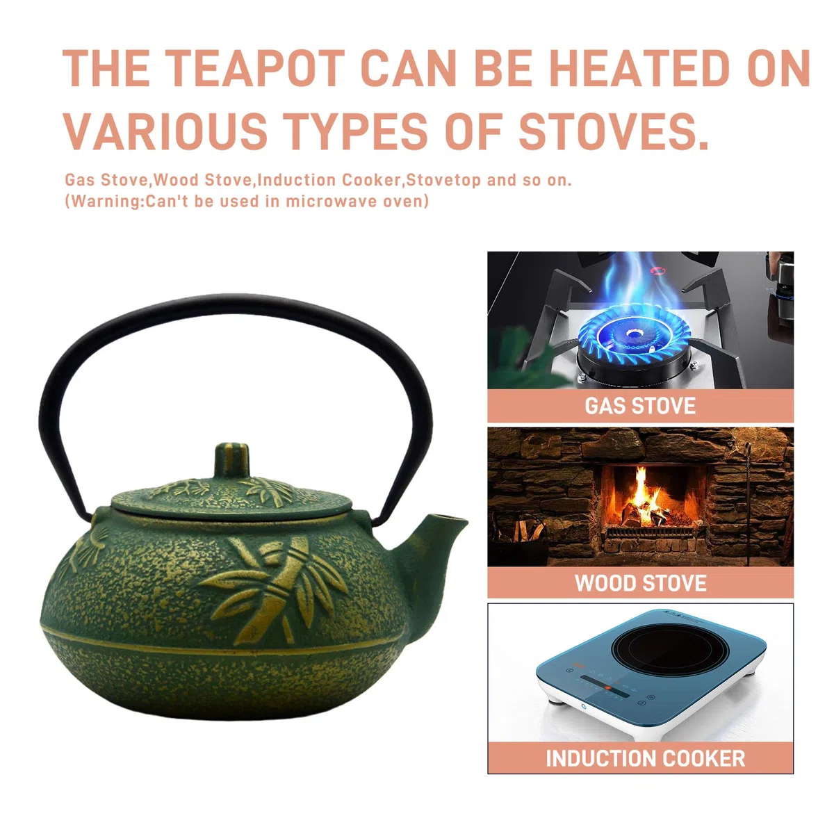 Tetera de hierro fundido, tetera SECHUDO recubierta con interior esmaltado para té suelto, tetera de hierro fundido con infusor de acero inoxidable para estufa segura (30 onzas, patrón 2)