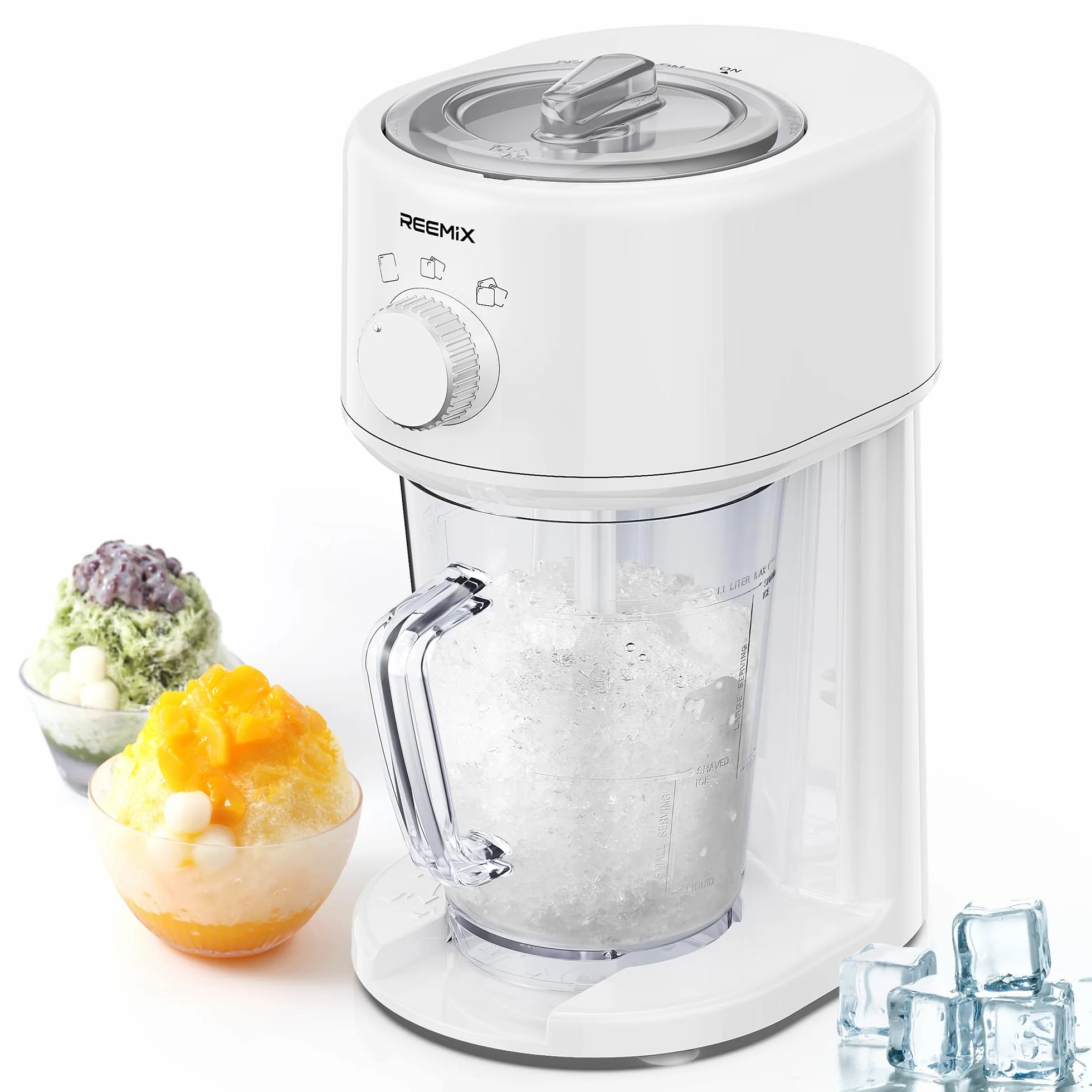 Reemix Máquina de hielo afeitado, máquina de afeitar eléctrica de hielo y máquina de conos de nieve con almacenamiento de gran capacidad, trituradora de hielo portátil de grosor que se puede ajustar,