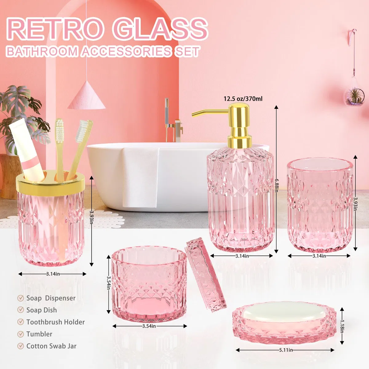 Juego de accesorios de baño rosa – 5 piezas de decoración de baño de vidrio con dispensador de jabón, jabonera, soporte para cepillo de dientes, vaso y tarro de hisopo de algodón – Juego de accesorios