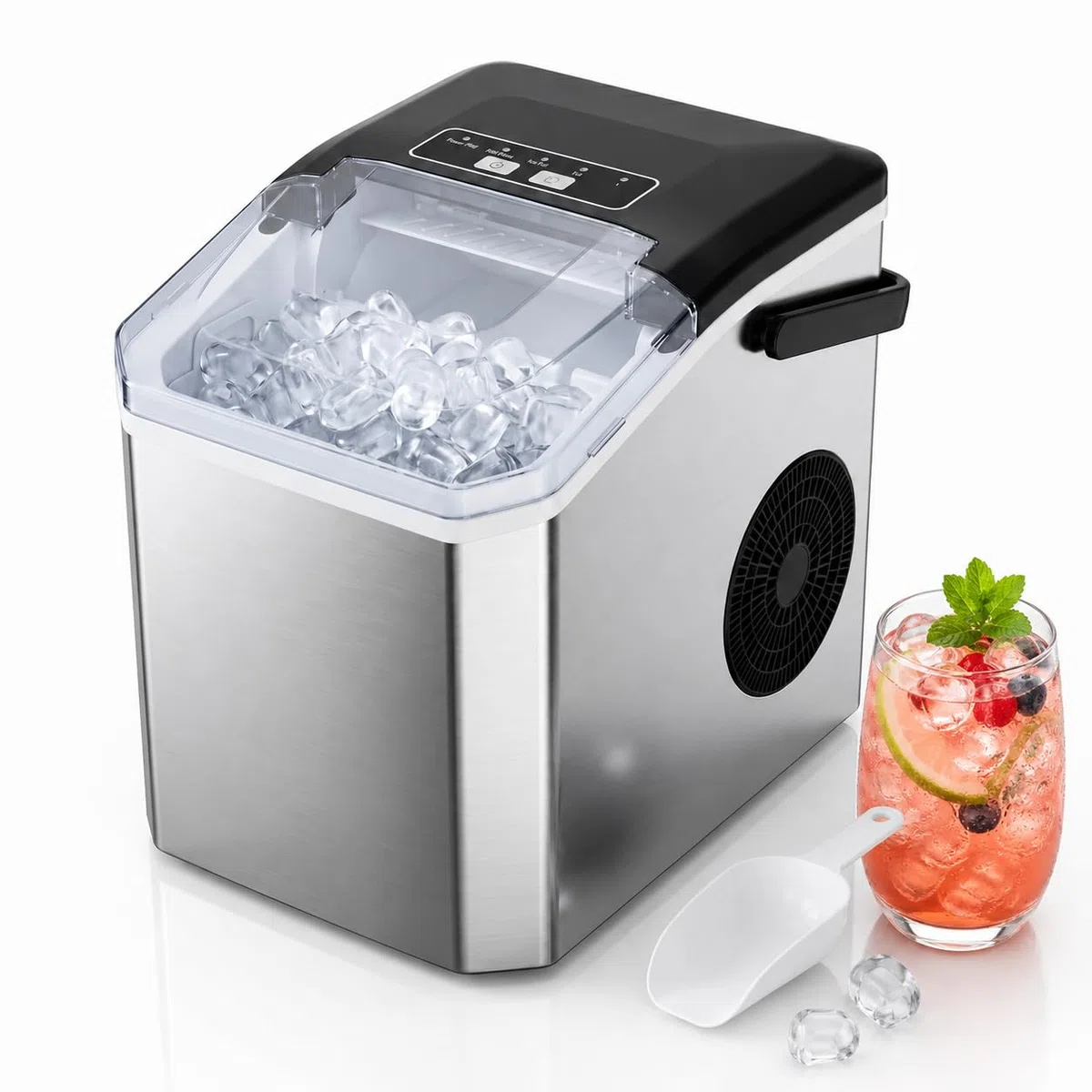Máquina de Hielo de Bala Transparente, 9 Cubitos en 6-8 Min | Depósito 1,3L con hasta 63 cubitos, 2 tamaños ajustables y autolimpieza para hogar, oficina, camping y fiestas.