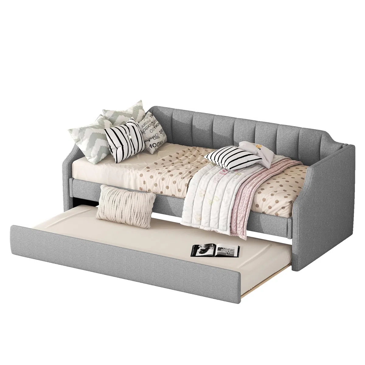 Azkoeesy Sofá Cama tapizado con Cama Nido, 90x200 cm, Cama Doble, Cama de Invitados, para niño y Adulto, máx. 120 kg, Funda de Lino, Color Gris (sin colchón)