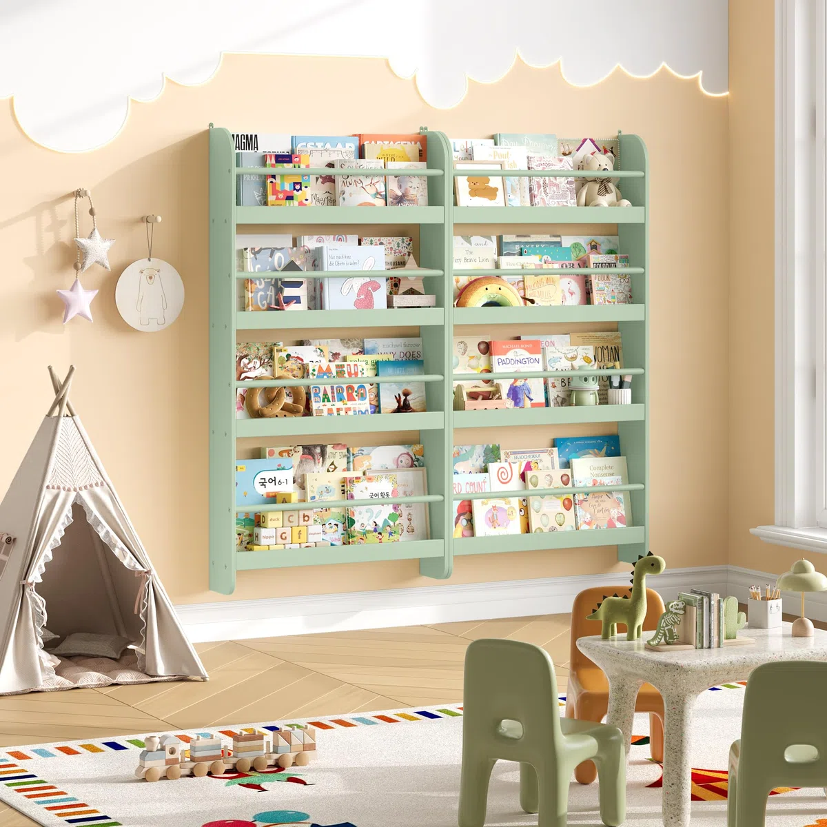 FOREHILL Estantería Infantil Pared, Estantería Infantil Libros, Librería Infantil Montessori, Madera, para Niños, 4 Estantes 111x58x12cm Verde