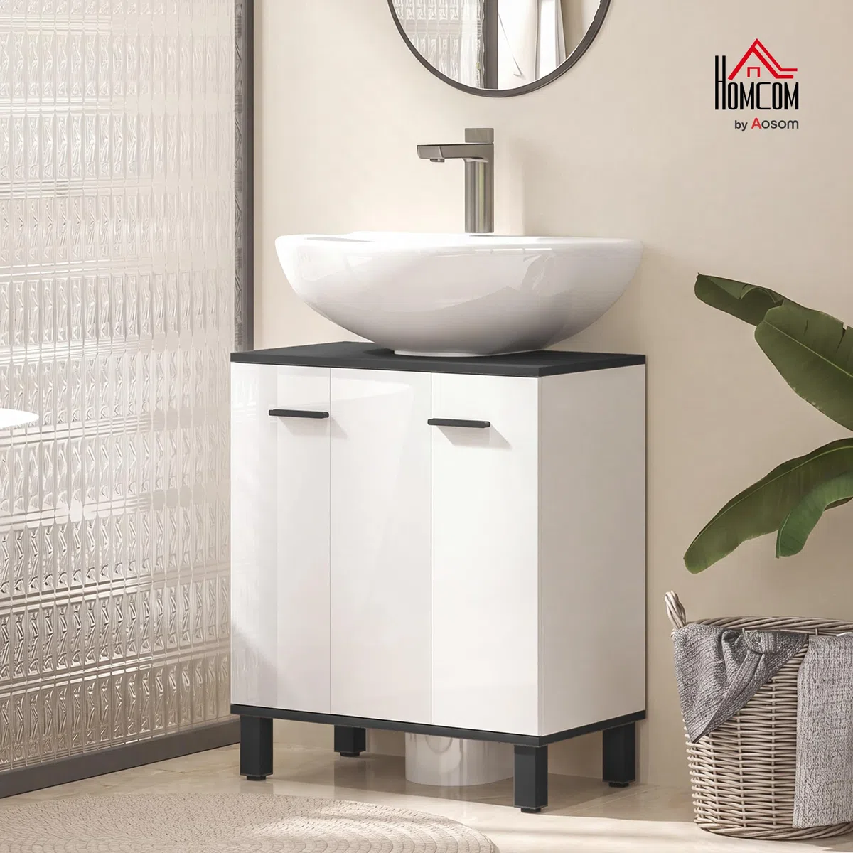 HOMCOM Mueble Bajo Lavabo, Mueble de Baño Compacto con Estante Ajustable, 2 Puertas, Estilo Moderno, para Lavabo con o sin Pedestal, 60x34x70 cm, Blanco Brillo