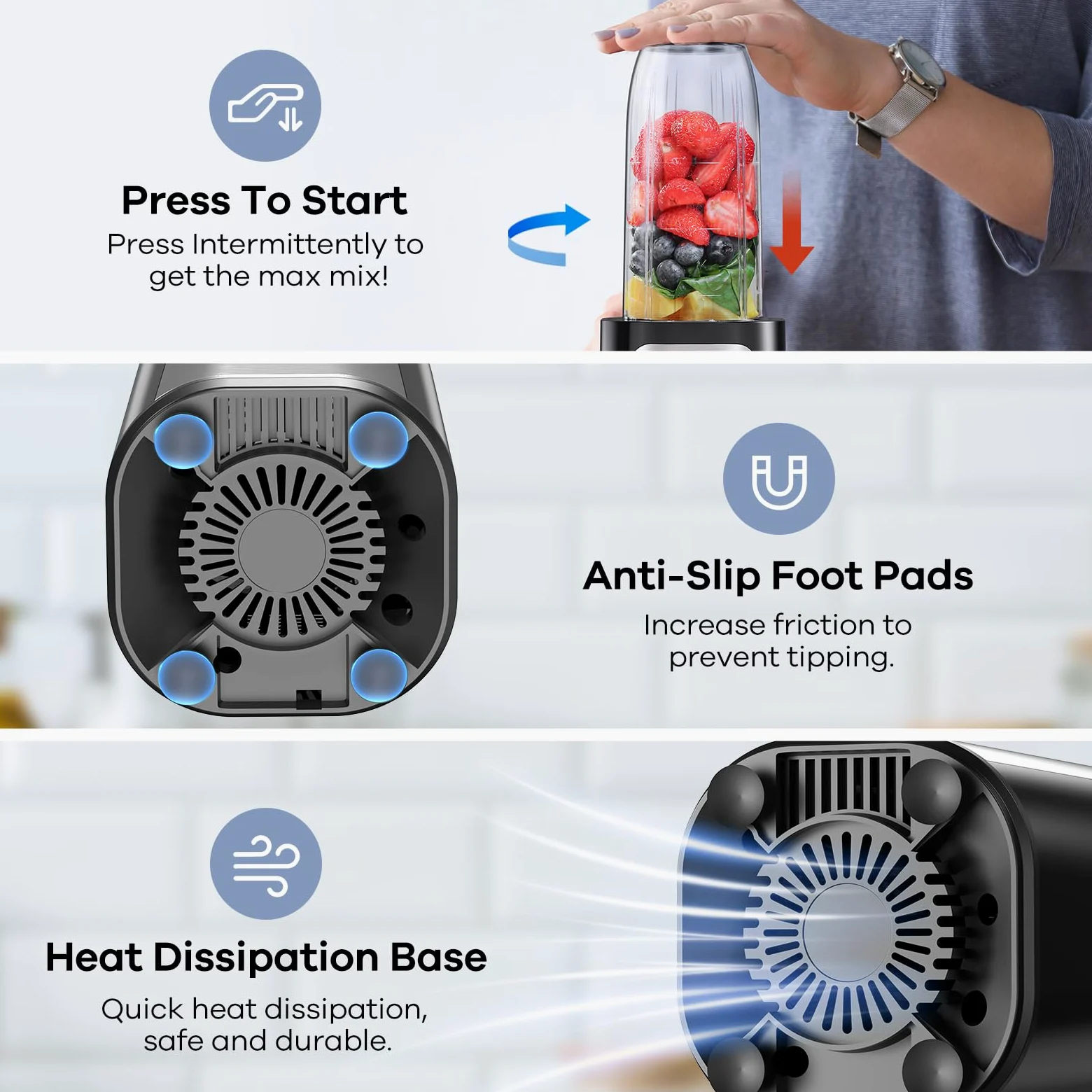 Ganiza Batidora de Vaso，Potencia 900 W Batidora de pie con 3 vasos portátiles (2 x 500 ml y 1 x 700 ml), Minibatidora con 4 Cuchillas de Acero inoxidable,Licuadora eléctrica para batidos y smoothies