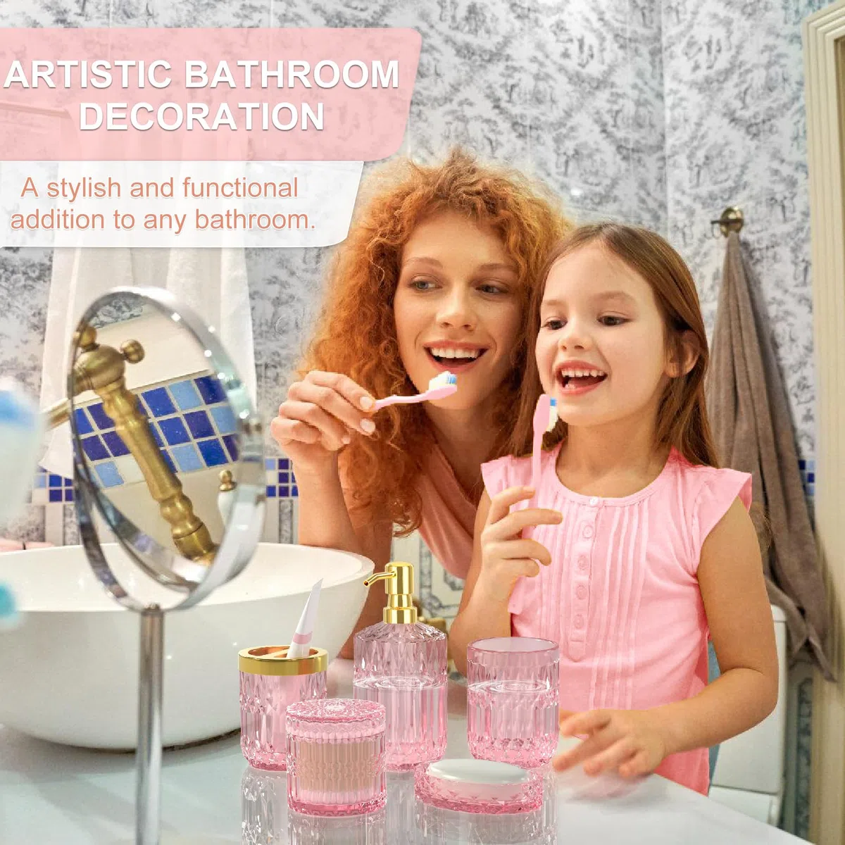 Juego de accesorios de baño rosa – 5 piezas de decoración de baño de vidrio con dispensador de jabón, jabonera, soporte para cepillo de dientes, vaso y tarro de hisopo de algodón – Juego de accesorios
