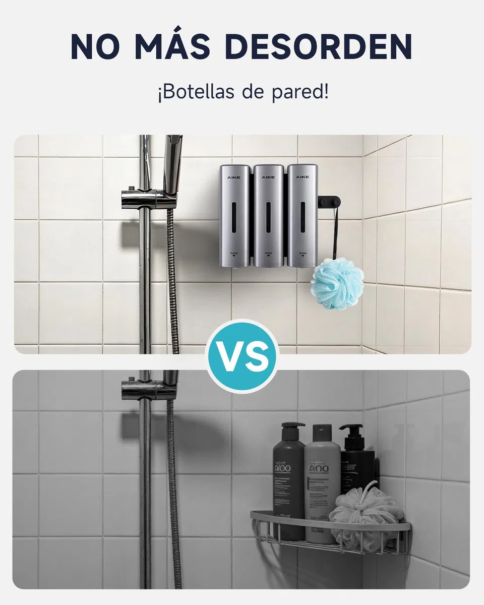 AIKE EasyPush Dispensador De Ducha, Montaje De Pared Sin Taladro para Champú & Acondicionador, Ahorra Espacio, Triple