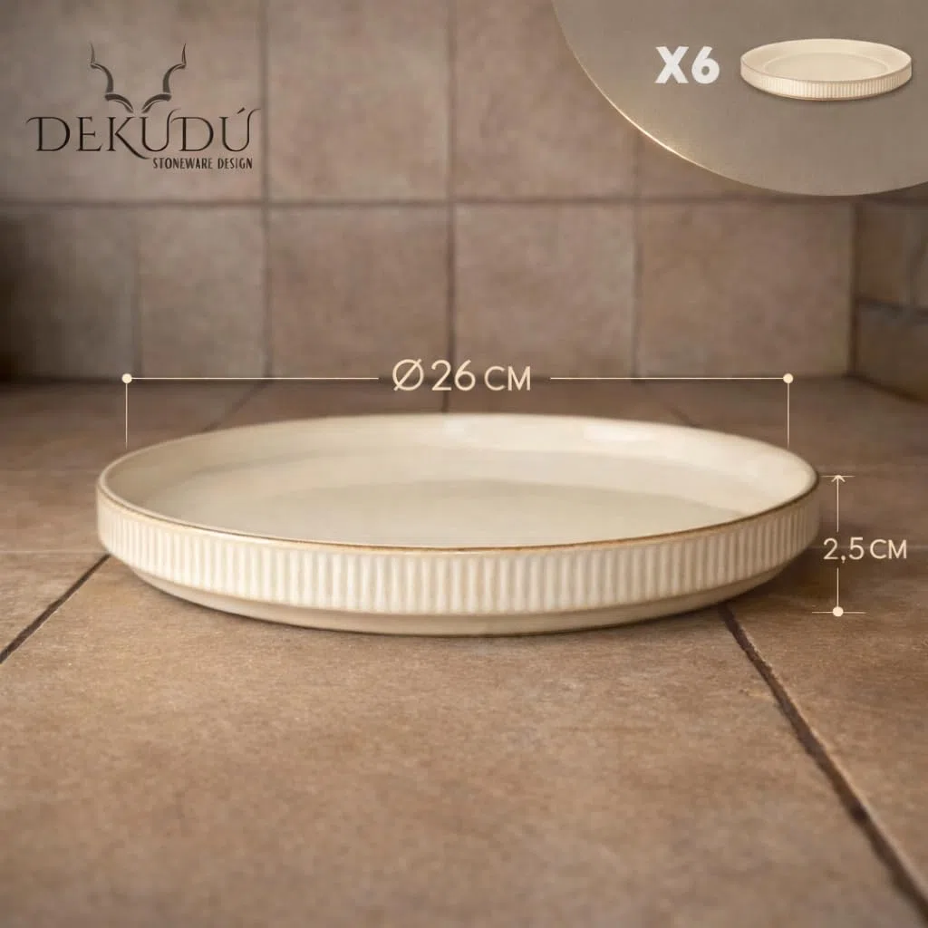 Platos Vajilla Platos Llanos Ceramica de Gres de Calidad - Fabricados a Mano - 6 Piezas de 26 cm - Gran Dureza Aptos Lavavajillas Microondas - Estilo Moderno - Color Beige