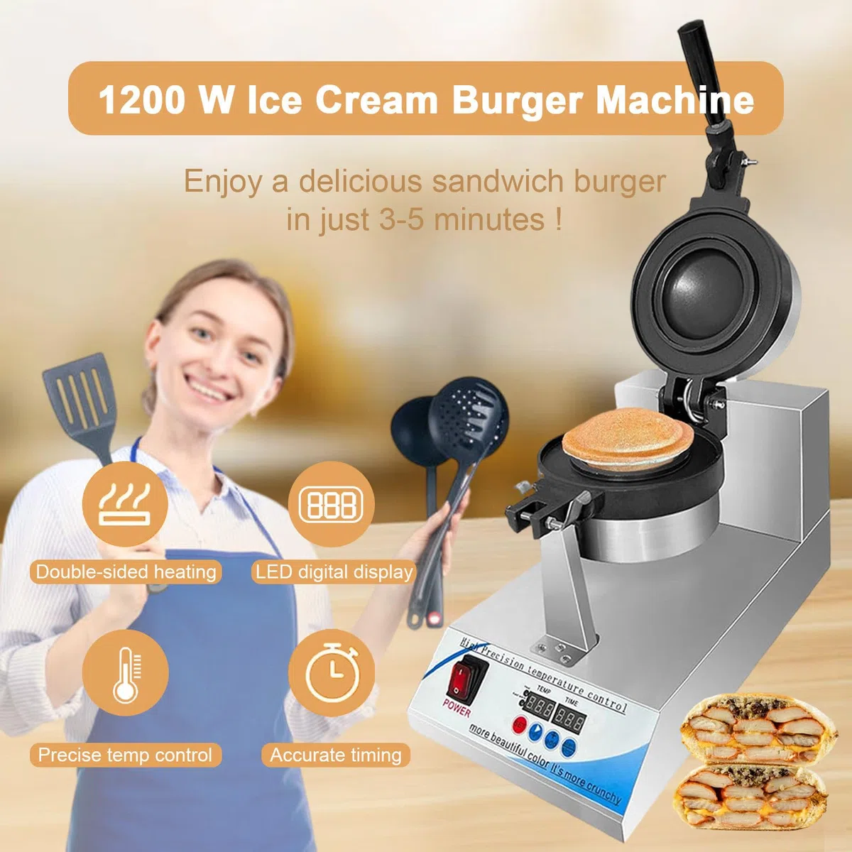 Máquina para Hacer Hamburguesas Y Gofres - Prensa Eléctrica para Sándwiches con Relleno De Helado, Control Digital De Temperatura LED Y Temporizador, Calentamiento por Ambos Lados