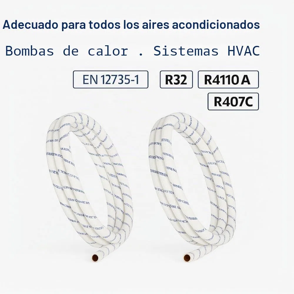 Kit de tubos de cobre para climatizador de 10 + 10 metros, 1/4" + 3/8", grosor de 0,8 mm, aislados, funda ignífuga, certificados EN 12735-1, para aire acondicionado Split R32, R410A, R407C, sin