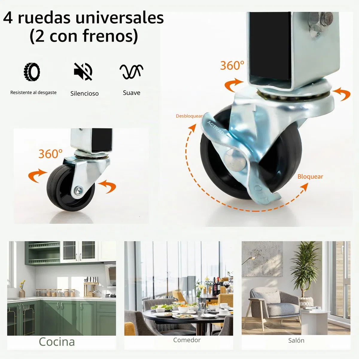 KOMFOTTEU Carrito de Cocina con Ruedas, Carro de Servicio con 3 Estantes Abiertos y 3 Cajones, Carro Auxiliar con Encimera de Madera de Caucho, Isla de Almacenamiento para Comedor (Negro)