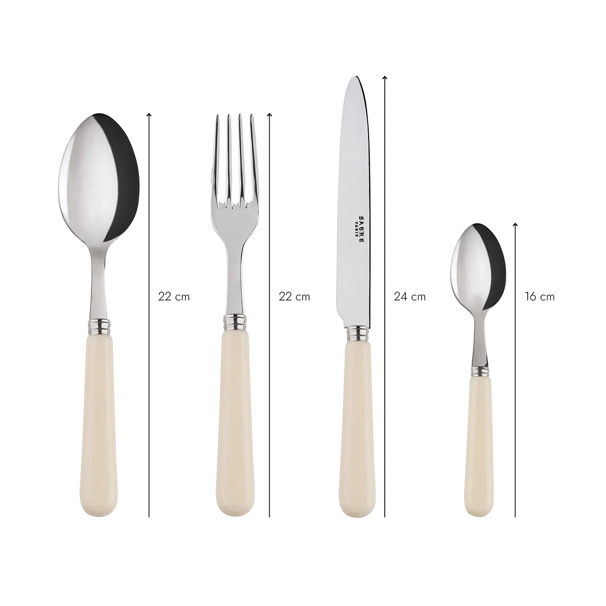 Sabre Paris | Juego de cubiertos de mesa de 4 piezas Pop, color Marfil. Incluye cuchillo, tenedor, cucharada y cuchara pequeña de acero inoxidable., 0543-033-0002