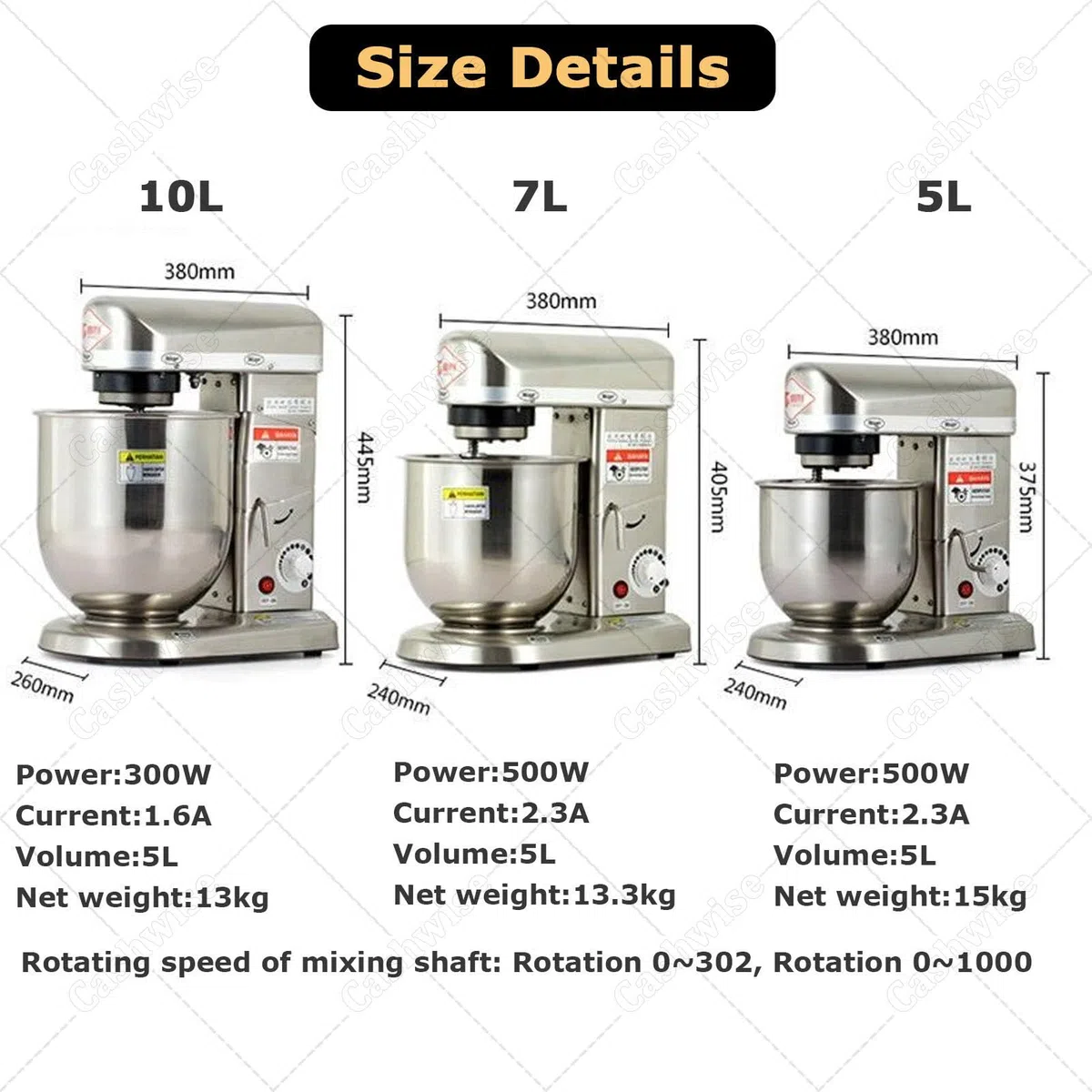 Batidora Industrial de Alimentos, batidora de pie de Gran Capacidad de 5/7/10 litros, con Gancho amasador + Gancho Mezclador + batidor de Huevos, para escuelas, panaderías StainlessSteel-5L