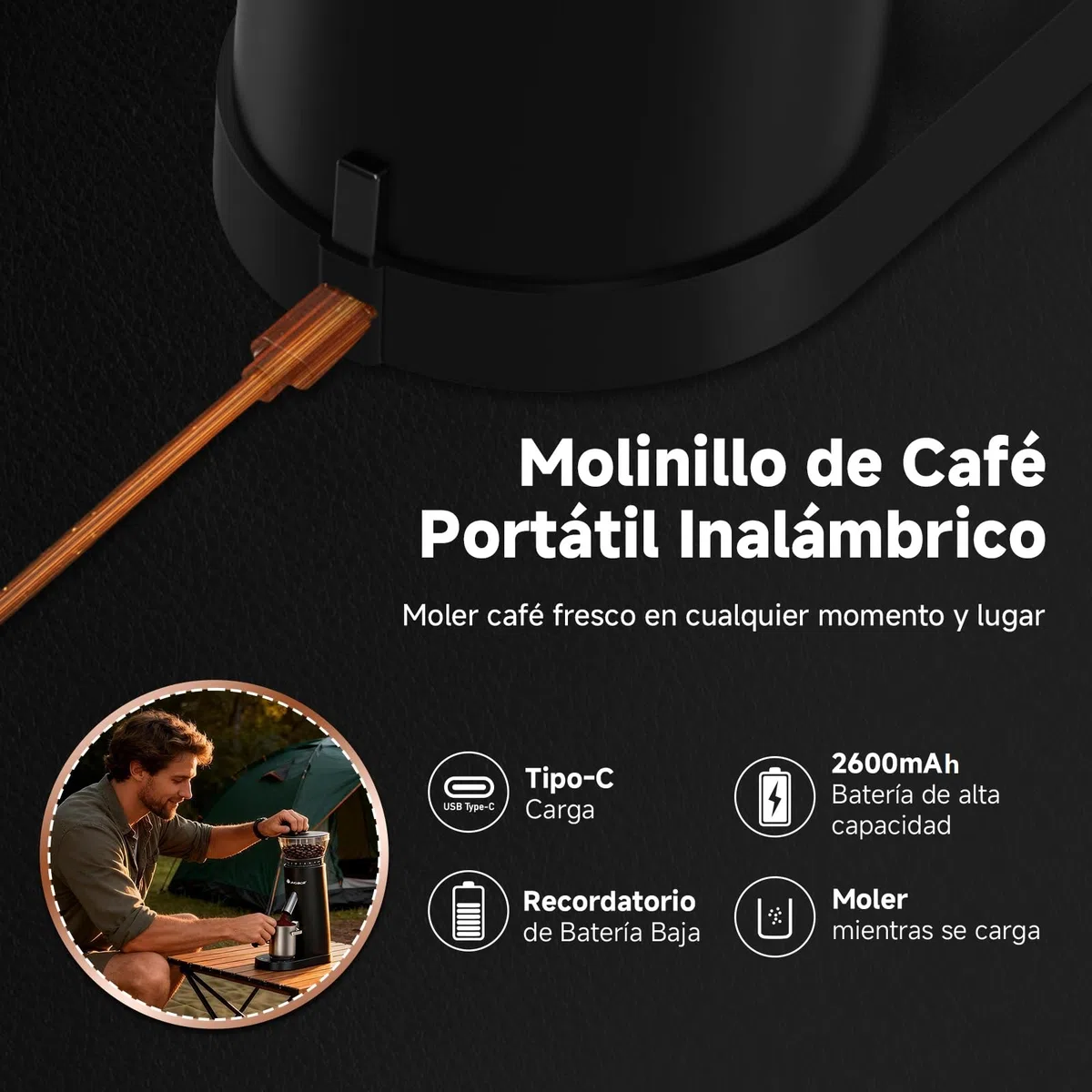 AAOBOSI Molinillo Café Eléctrico, Máquina de Café Portátil 110W, Batería 2600mAh, Máquina de Café con 60 Niveles de Molienda Personalizados, Incluye Portafiltro para Máquinas de Café Espresso